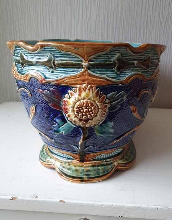 Belgian Majolica Jardinière, Faïencerie de Wasmuël (c.1900), Wasmuel, Plant pot, Ceramic, Multi Color (photo 5 of 13)
