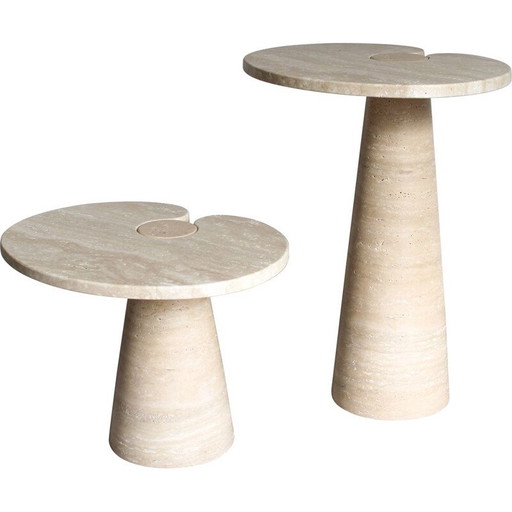 Pair of vintage side tables in Italian travertine Style by Angelo Mangiarotti style, 1970s