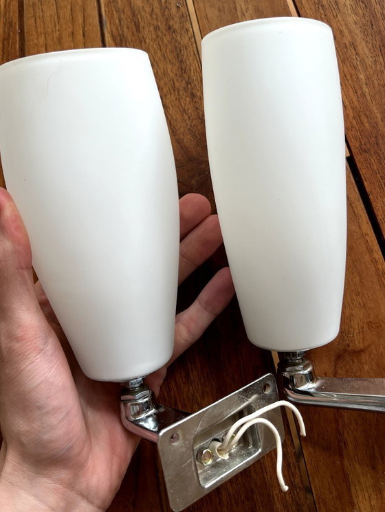 Image 1 of Pair of vintage INDA sconces - chrome & white opaline - Italy, Circa 1970