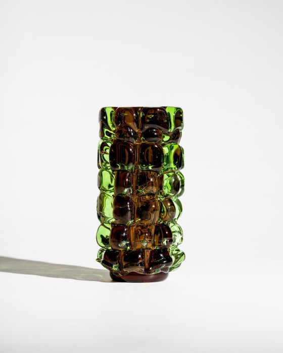 Image 1 of Skrdlovice “Ananas” Vase by František Vízner, 1971 Amber & Green Czech Art Glass