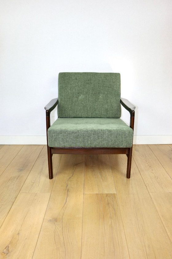 Image 1 of Vintage brown wooden armchair green-olive jeans design by Z. Bączyk - 2 pieces available