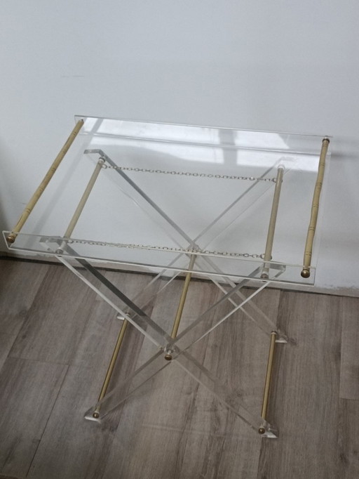 Table pliante avec plateau plexiglas laiton 1970s