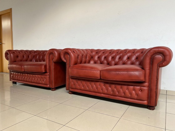 Image 1 of English Chesterfield Sofa Pair – Paprika Red Leather (Fully Restored, Rare Colour)