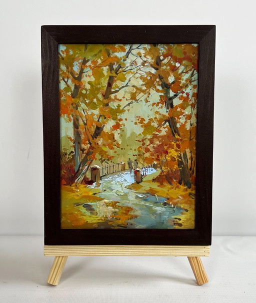 Origineel olieverfschilderij: Herfstboslandschap met gevallen bladeren in een herfstpark.