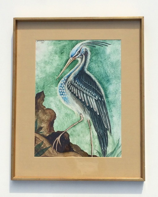 J. Vallès: ' Heron ' 70s Mixed media * 70s Vintage *