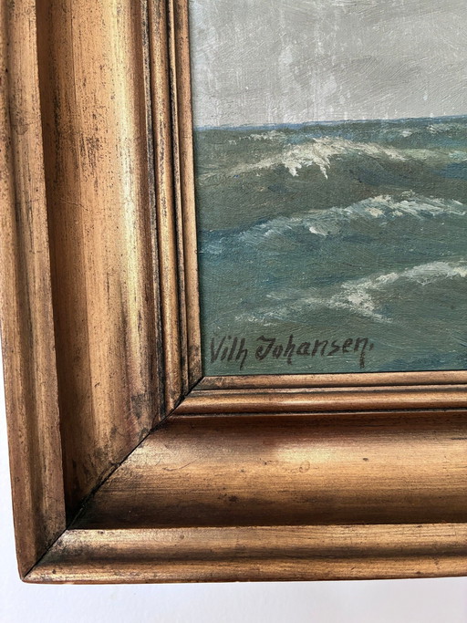 Peinture à l'huile originale vintage représentant une marine, signée, paysage côtier