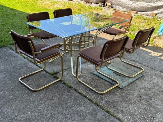 Italian Brass Dining Set with Table and Chairs, 1970s, Set of 7 – Glass, Hollywood Regency (photo 2 of 7)