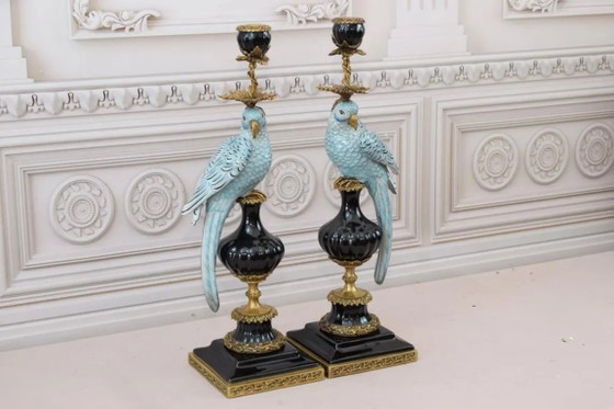 Lussuosa coppia di Portacandele pappagallo in porcellana blu con bronzo – Dipinti a mano e finitura craquelé (photo 4 of 10)