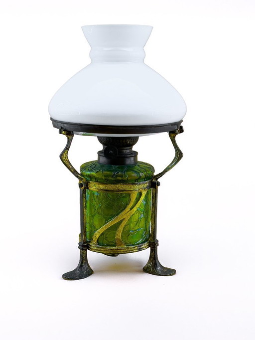 Art Nouveau Oil Lamp Iridescent Green and Opaline Shade