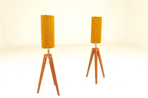 Paire de lampes jaune moutarde moderne design teak wood1960