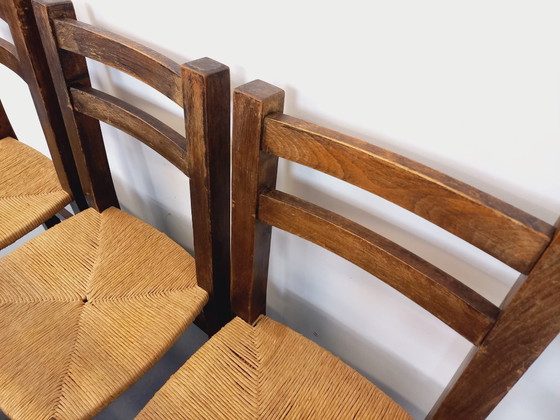 Image 1 of Set of 6 vintage brutalist chairs in solid oak and straw from the 60s