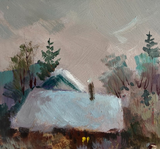Image 1 of Original Oil Painting Winter Village Landscape Country winter evening