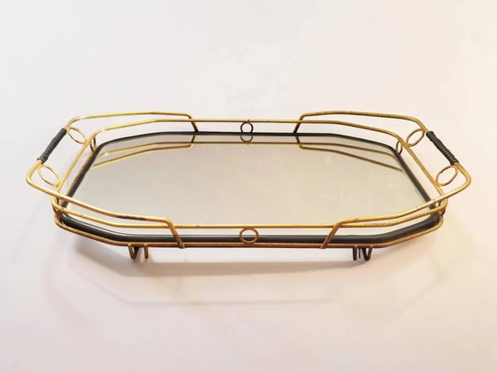 Vintage mirror plateau with gallery – Table accessories, Metal, Rattan (photo 2 of 8)