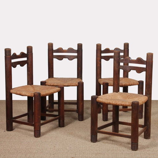 Set of 4 solid wood straw-seated chairs, French craftsmanship, 1950