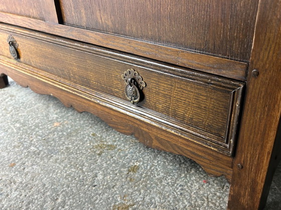 Early 20th Century Oak Blanket Box Mule Chest with Drawer Carved Jacobean Style, Storage cabinet, Metal, Wood (photo 4 of 9)