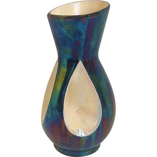 Vase vintage en céramique bleue bicolore pour Verceram, France 1960