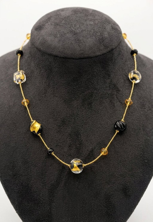 Murano Glass Necklace with Gold Leaf – Black Pearls and Crystal – Venetian Craftsmanship