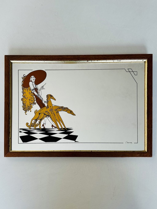 Französischer Vintage-Spiegel mit einer Illustration von Cannay – Art-Deco-Stil (1960er–1970er Jahre)