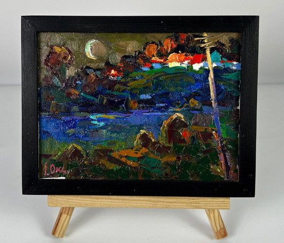 Image 1 of Peinture à l'huile originale, paysage rural, rivière, givre du soir dans les champs