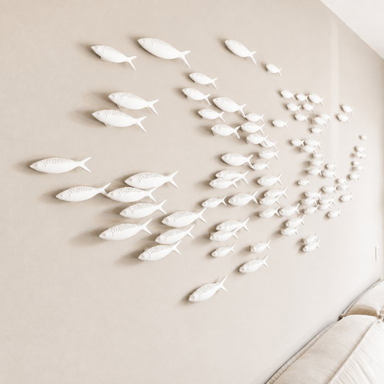 Exclusieve 3D Muurkunst 'School of Fish' – Modern & Scandinavisch Design (250 cm) – Beeldhouwkunst, Porcelain (photo 3 of 17)