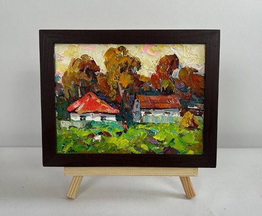 Original Oil Painting Autumn Village Landscape Autumn yellow sunset