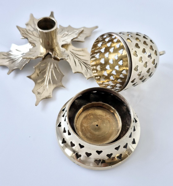 Image 1 of Portacandele vintage a forma di stella di Natale + lanterna, campana di Natale, ottone massiccio lucidato