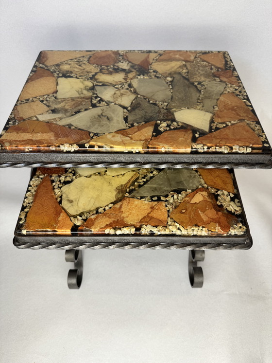 Image 1 of Set of 2 vintage mosaic tables + additional wrought iron base