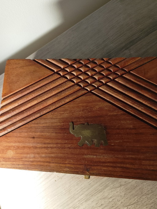 Handcrafted Indian sheesman wood jewelry storage box with brass elephants
