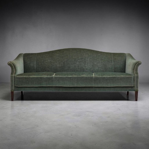 1960s, 3-Seater Danish Sofa, Green Furniture Velour.