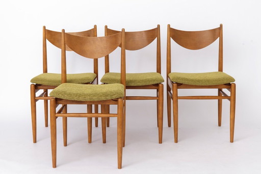 Set of 5 Vintage Dining Chairs, 1960s Germany, Wenzel, Beech Wood, Mid Century Modern, Green Upholstery