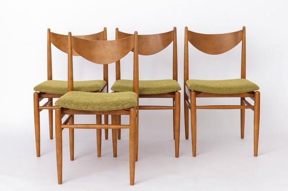 Image 1 of Set of 5 Vintage Dining Chairs, 1960s Germany, Wenzel, Beech Wood, Mid Century Modern, Green Upholstery