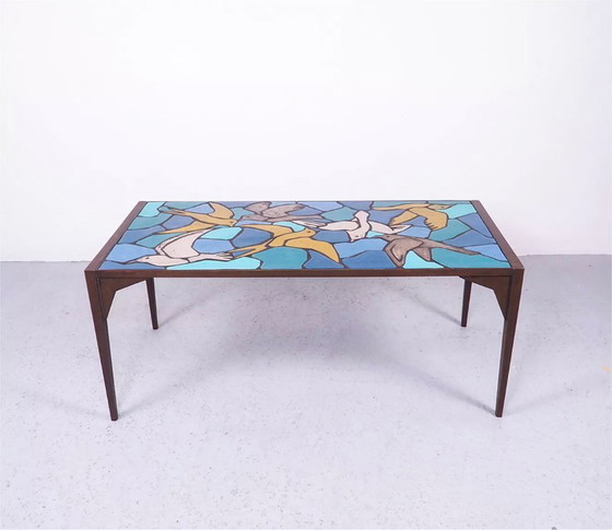 Image 1 of Tavolino da caffè vintage in metallo realizzato in mosaico di ceramica con motivo di uccelli, anni '70