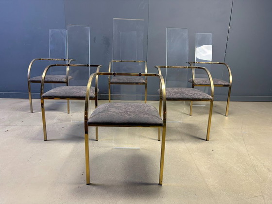 Sillas de comedor de latón y metacrilato de Belgochrom, década de 1970 - Juego de 6 – Plexiglass, Textile (photo 5 of 12)