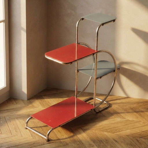 Bauhaus Tubular Steel Plant Stand by Emile Guyot for Thonet, Colored Glass Shelves, 1930s, Czechoslovakia, 90 × 30 × 105 cm