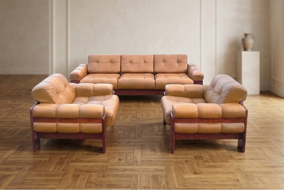 Image 1 of Set da salotto vintage cecoslovacco in pelle, attribuito a Dřevotvar, anni '70-'80, set di 3 pezzi.