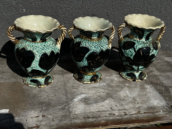 Image 1 of Trio di vasi Amphore Céramique Vallauris Turquoises/Noirs rehaussé d'Or H22cm