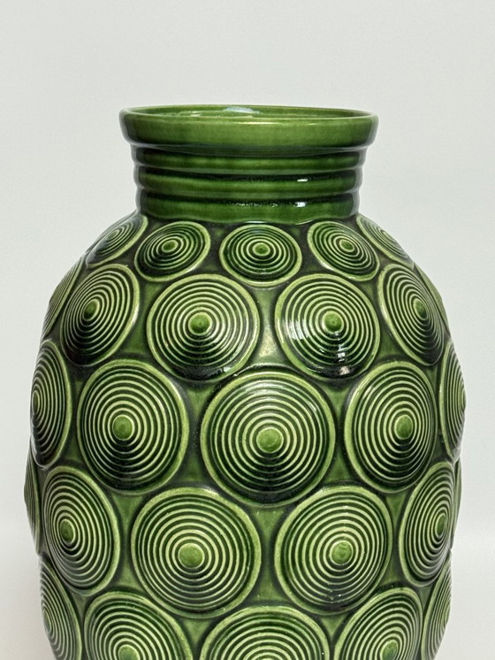 Image 1 of Large Mid-Century Ceramic Green Spiral Pattern Vase by Bay Keramik. West Germany, 1960s.