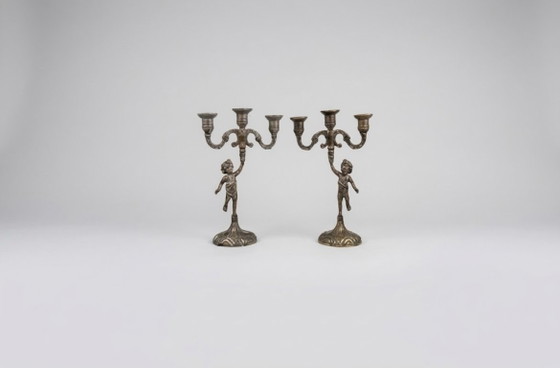 2 Portacandele antichi a 3 bracci con Putto, Ottone, Art Nouveau, ca. 30 cm, Dorato (foto 5 di 5)