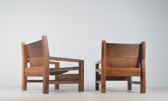 Image 1 of Set Franse zetels in olijfhout met tuigleer, jaren '70