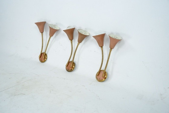 Mid-Century, Set of three sconces in Arredoluce manner. Italy 1950s, Wall lights, Brass, Orange (photo 3 of 11)