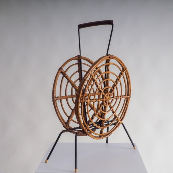 Image 1 of Mid Century Round Rattan Magazine Holder