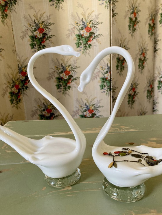 Image 1 of Pair of decorative swans handcrafted from opaque glass