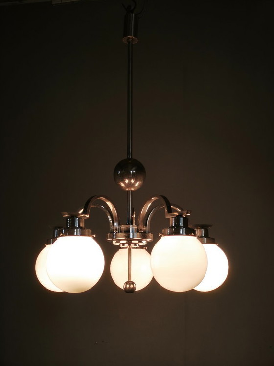 Image 1 of Art Deco Five-Light Chrome Chandelier, Czechoslovakia, 1930s