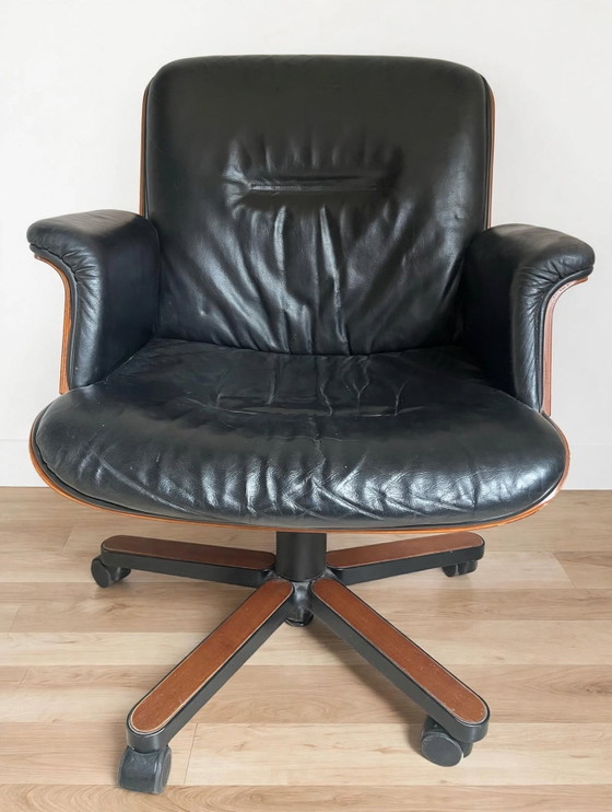 Vintage Design Office Chair - Black Leather + Wooden Shell - SPD Arredi - Swivel – Swivel chairs (photo 2 of 11)