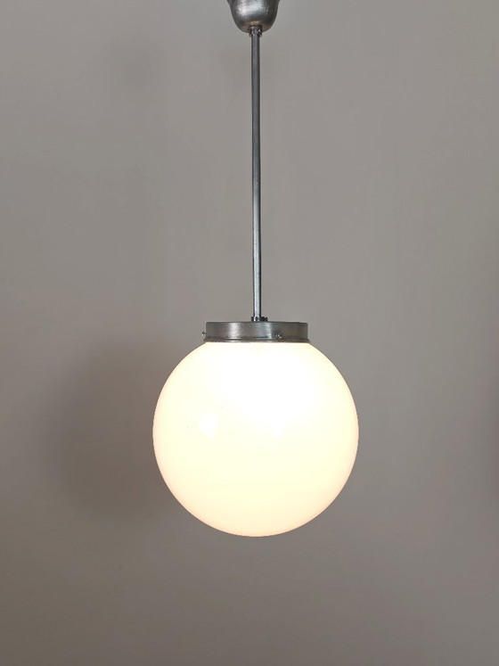 Image 1 of Vintage Opaline Glass Globe Pendant Light / Mid Century Modern Ceiling Lamp / Scandinavian Hanging Light 