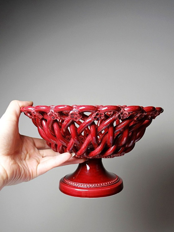 Image 1 of Piccola ciotola vintage Pichon Uzès in ceramica traforata rossa intrecciata, anni '70-'90.
