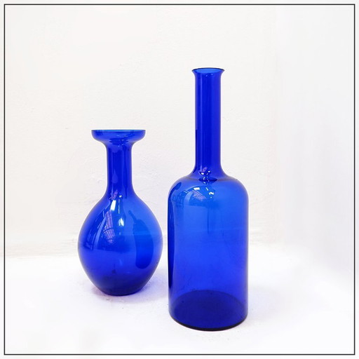 Pair of hand-blown cobalt blue glass vases or carafes, dating from the 1960s.