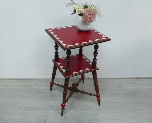 Side table high with shelf Art Nouveau, dark walnut + shabby red + ivory-cream pattern, around 1900