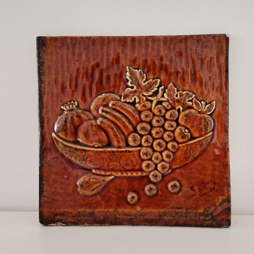 Vintage Spaanse handgeglazuurde keramische GROTE decoratieve tegel