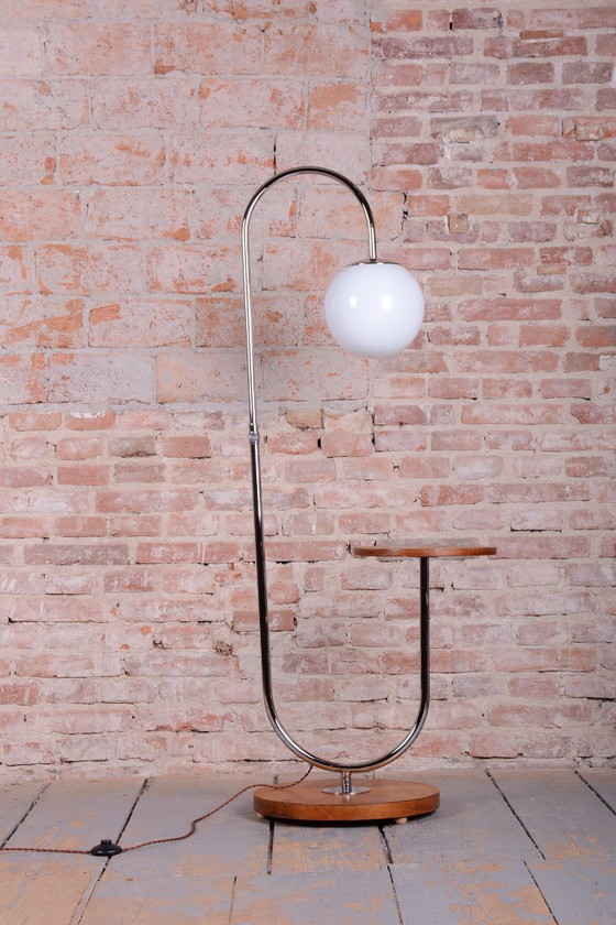 Restored Bauhaus Floor Lamp, by R. Slezák, Oak, Chrome, Czech, 1920s, Floor lights, Glass, Wood, Brown (photo 2 of 11)